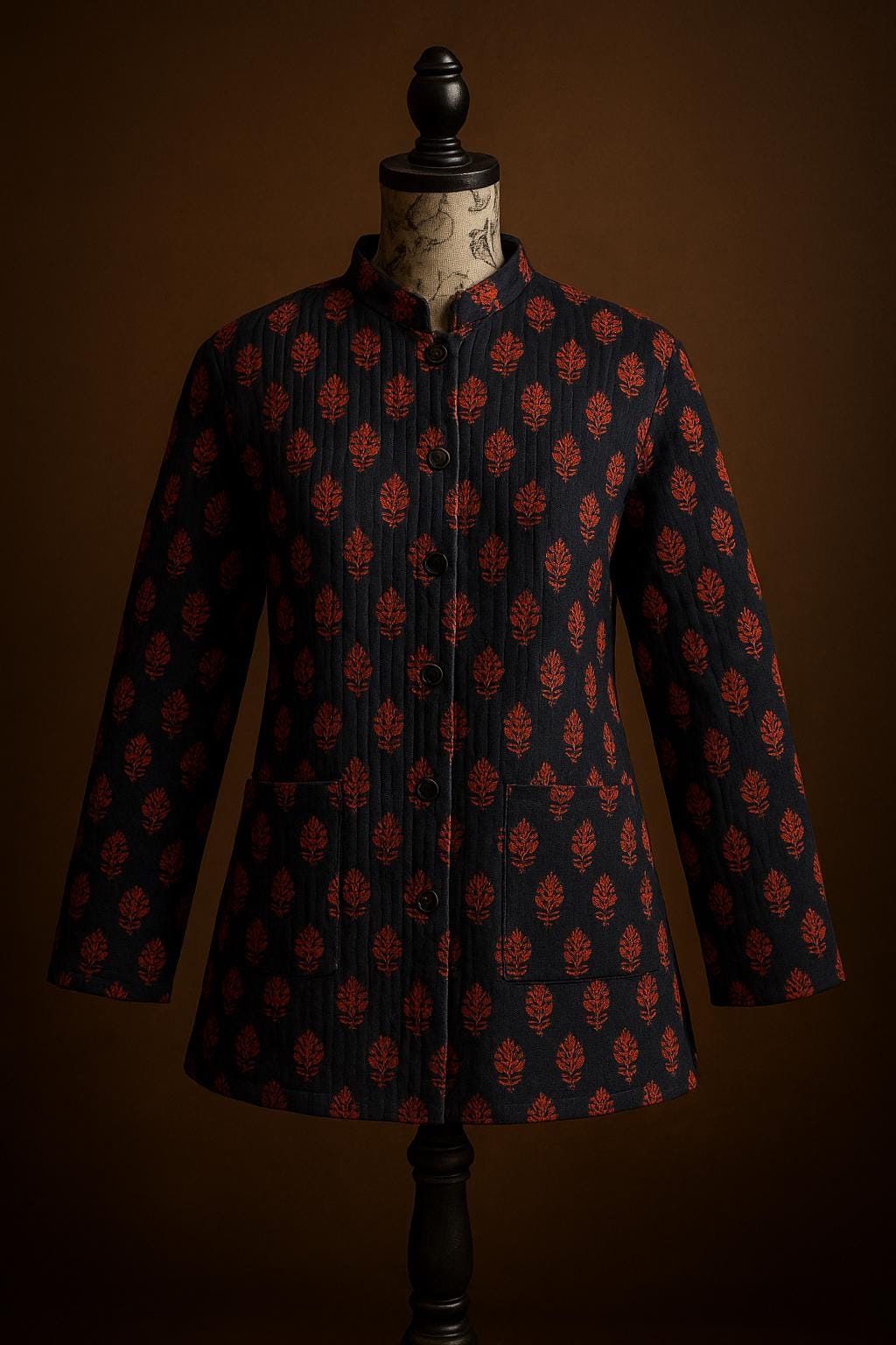 Handmade Quilted Jacket - Red & Orange Block Print Reversible Cotton Coat