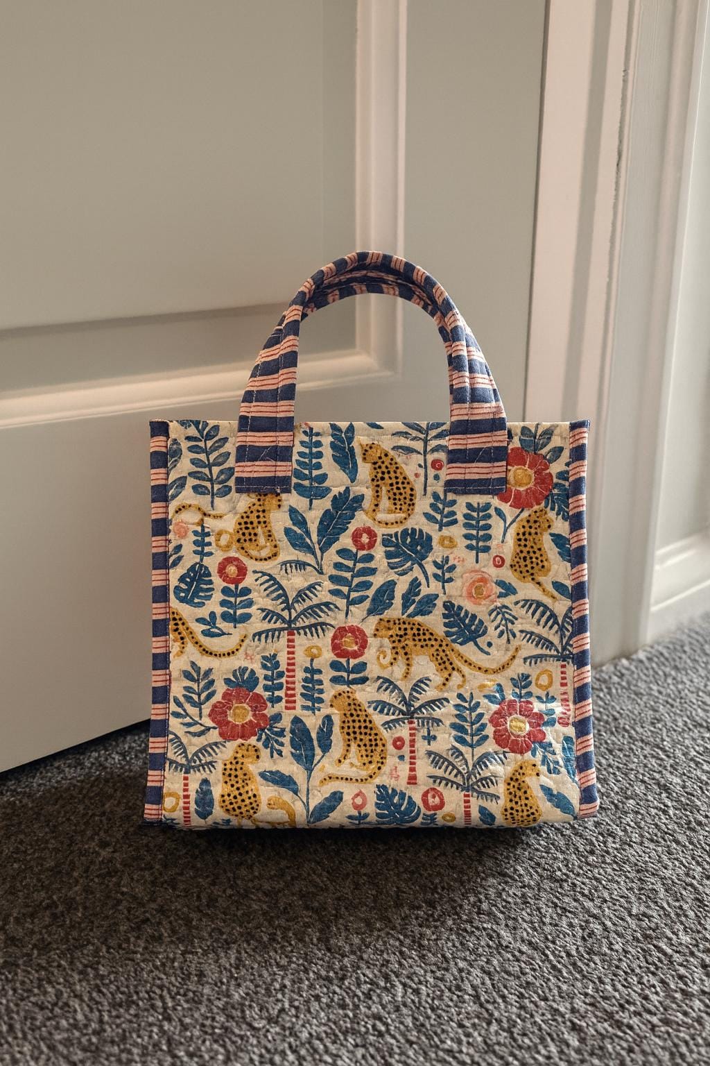 Handmade Quilted Tote Bag | Block Print Jungle Cheetah Tote | Reusable Fabric Bag | Colourful Boho Cotton Bag | Eco-Friendly Shopper