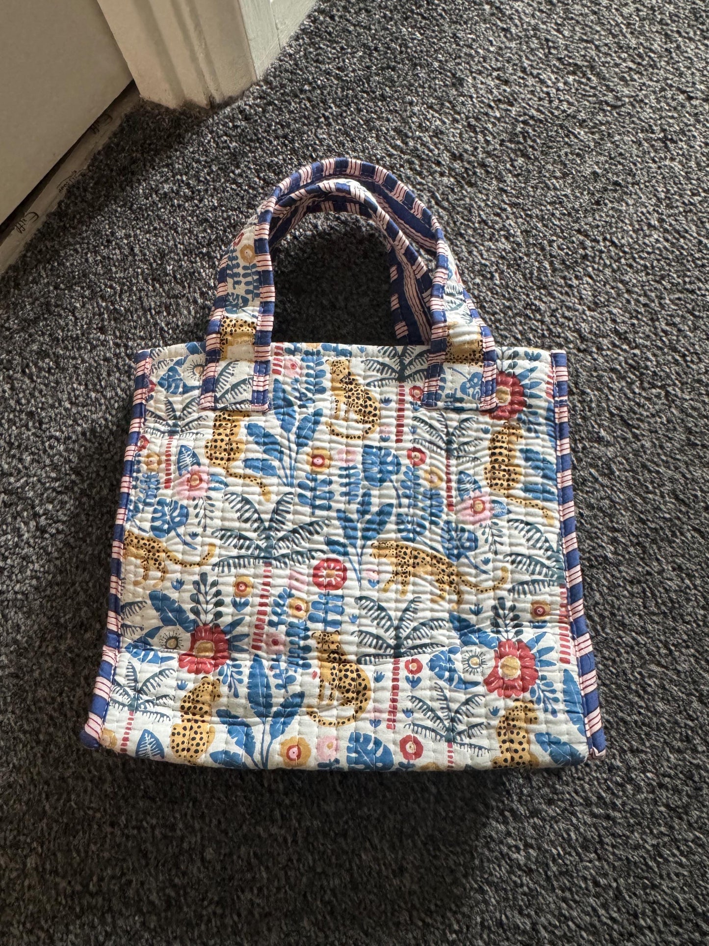 Handmade Quilted Tote Bag | Block Print Jungle Cheetah Tote | Reusable Fabric Bag | Colourful Boho Cotton Bag | Eco-Friendly Shopper