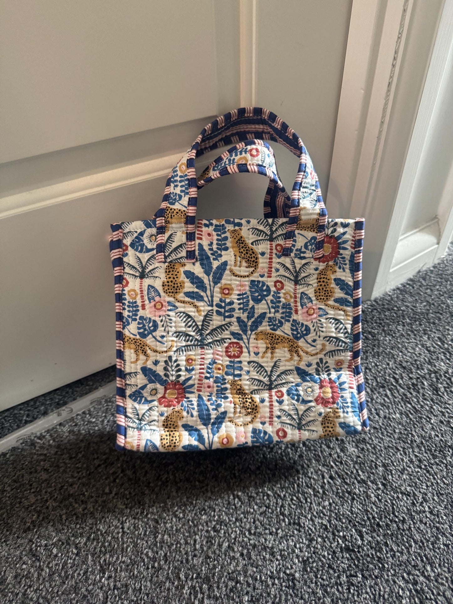 Handmade Quilted Tote Bag | Block Print Jungle Cheetah Tote | Reusable Fabric Bag | Colourful Boho Cotton Bag | Eco-Friendly Shopper