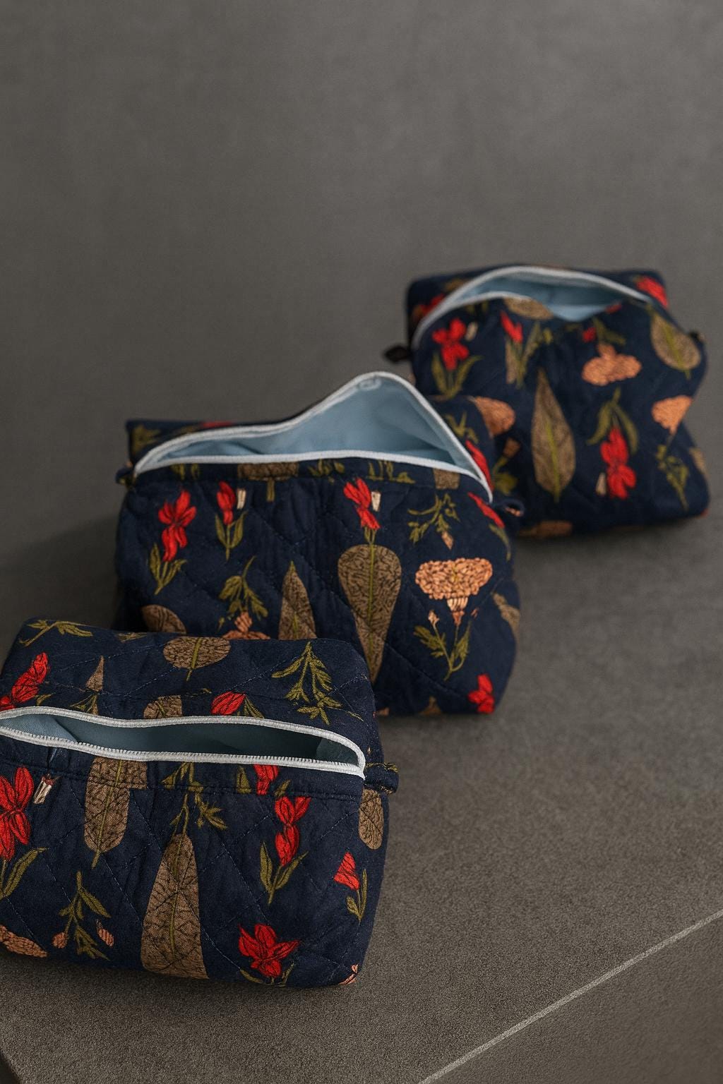 Quilted Cotton Toiletry Pouch Set: Botanical Print Travel Makeup Bags