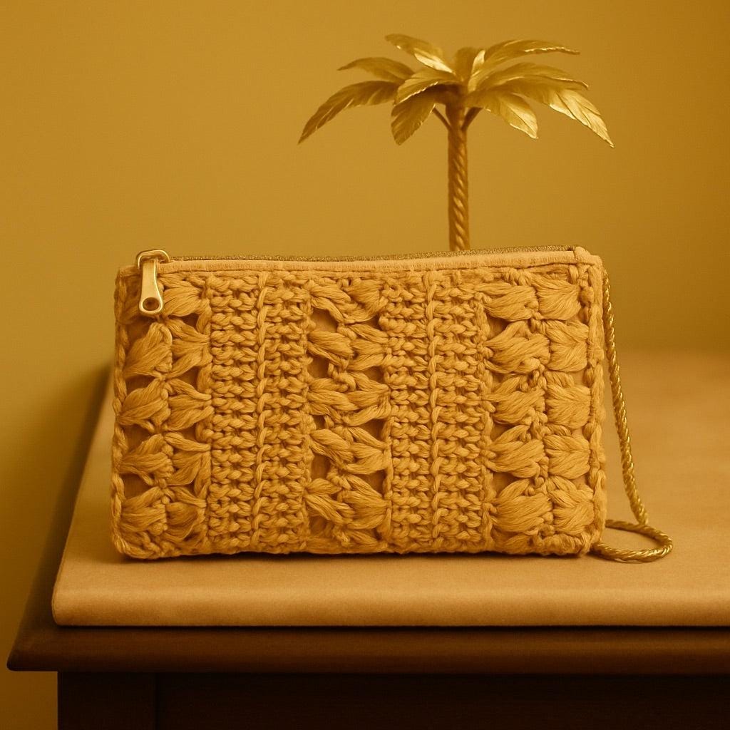 Handwoven Straw & Rice Fiber Bag – Sustainable Boho Clutch with Chain Strap