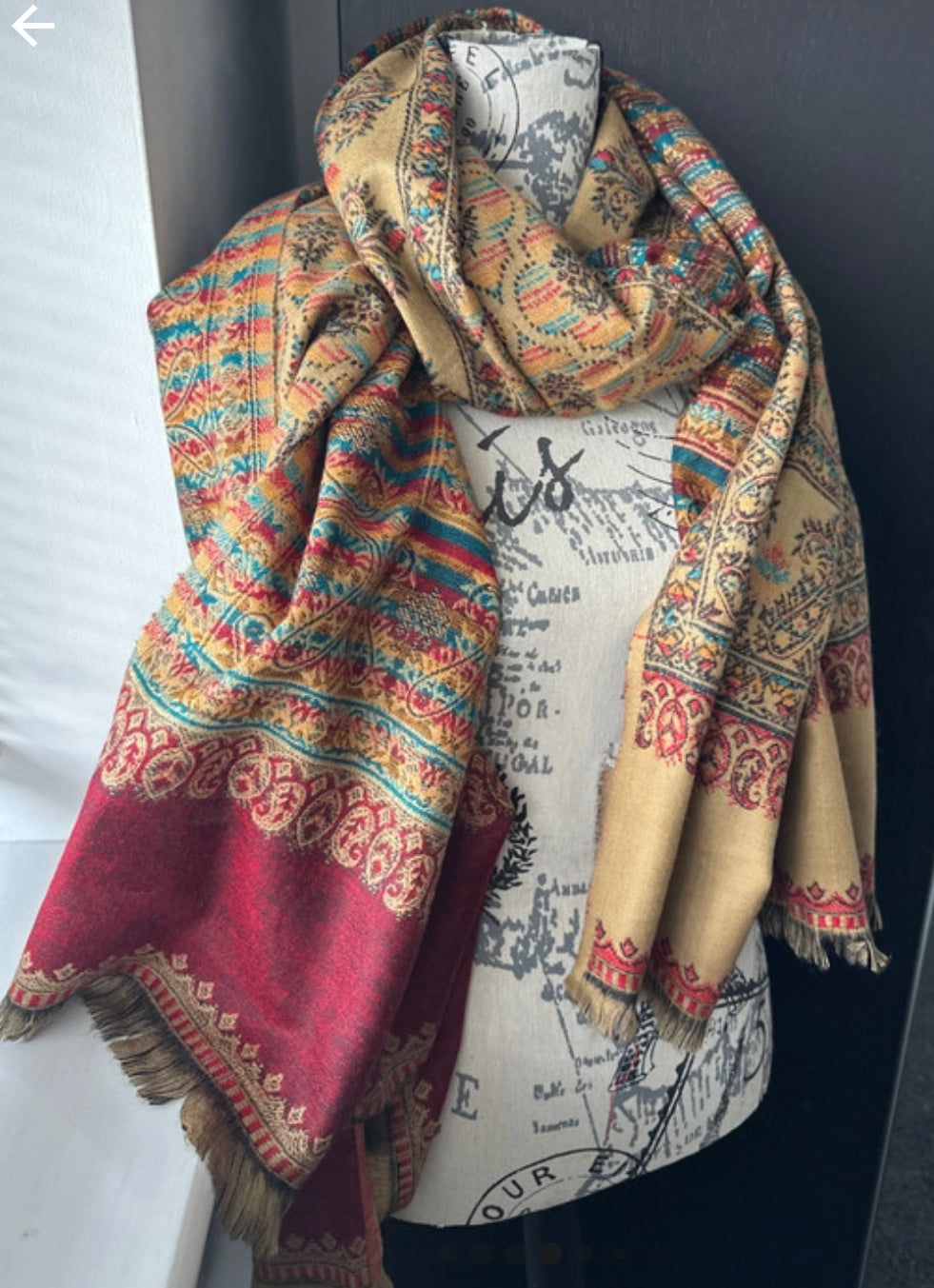 Reversible Wool Blend Shawl - Beige with Red Pattern