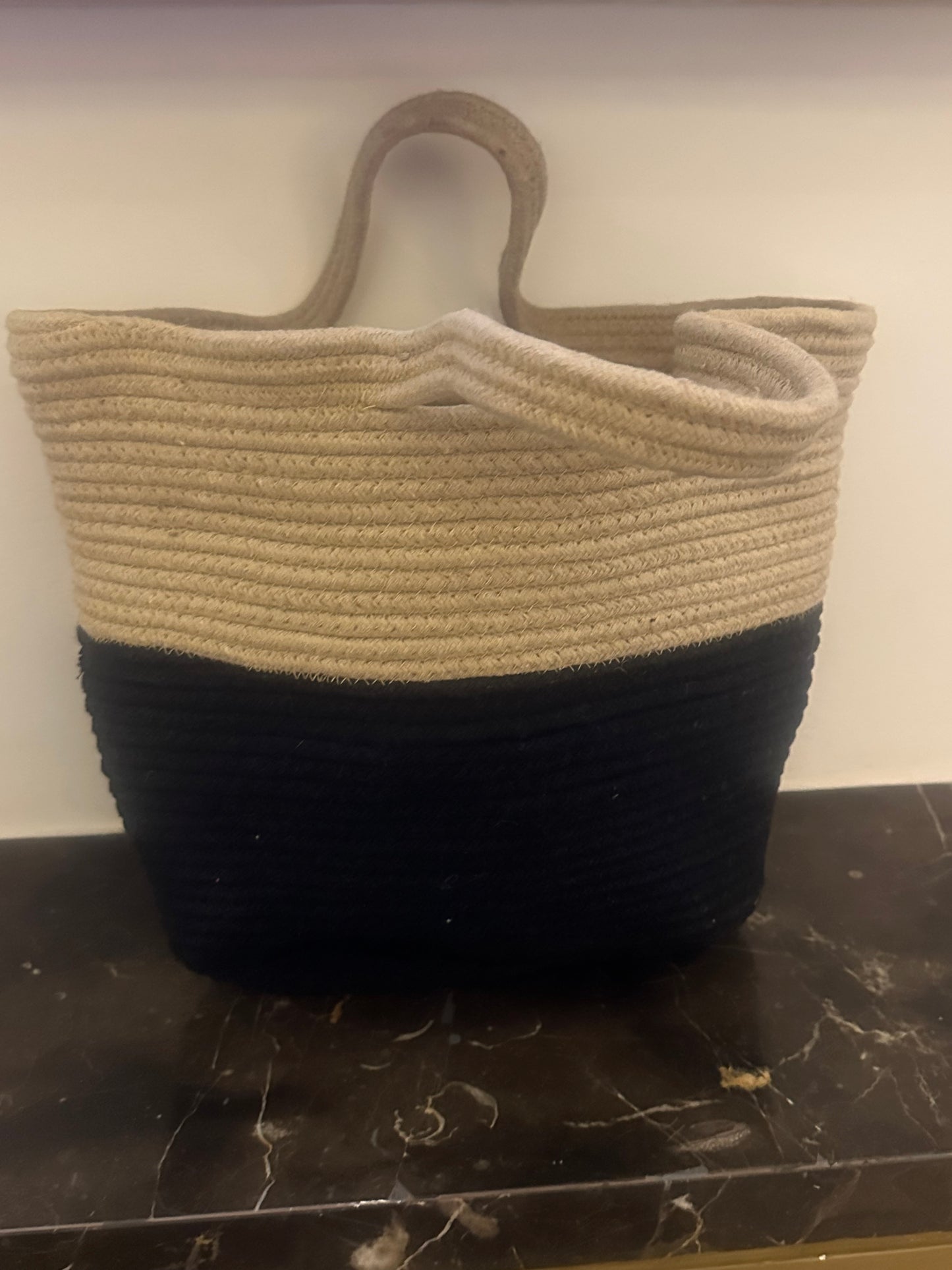 Black & Beige Striped Jute Tote Bag - Handwoven Eco-Friendly Shoulder Bag