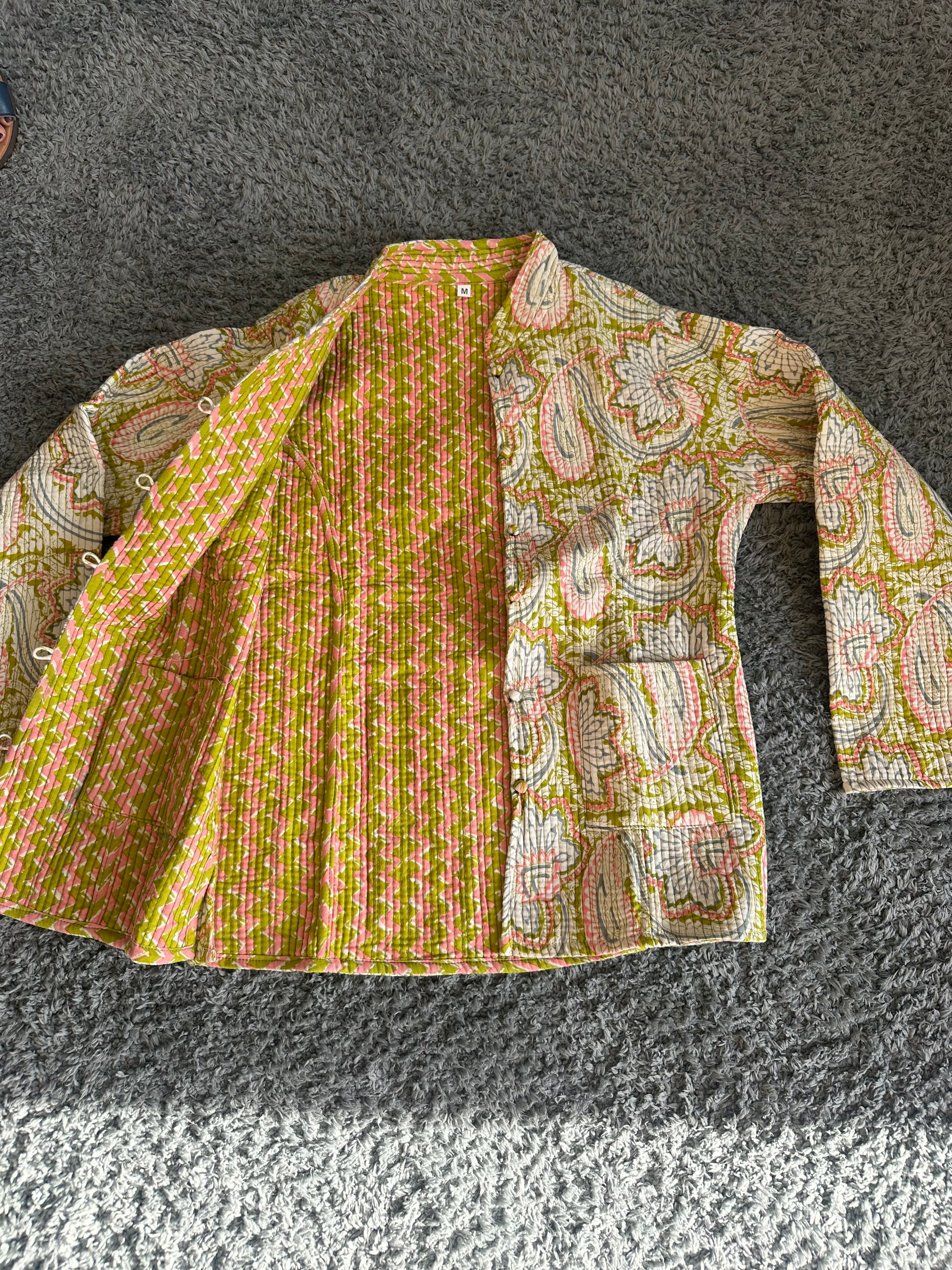 Indigo blue quilted jacket with traditional block print pattern