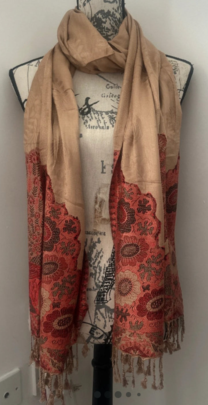 Traditional Punjabi Phulkari Shawl - Pink & Orange Embroidered Wrap