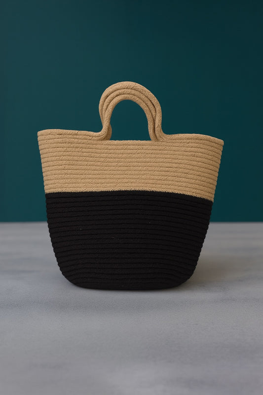 Woven Jute Tote Bag: Black and Beige Boho hand Bag