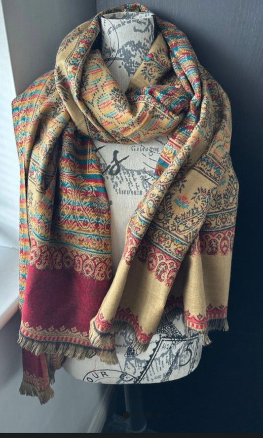 Reversible Wool Blend Shawl - Beige with Red Pattern