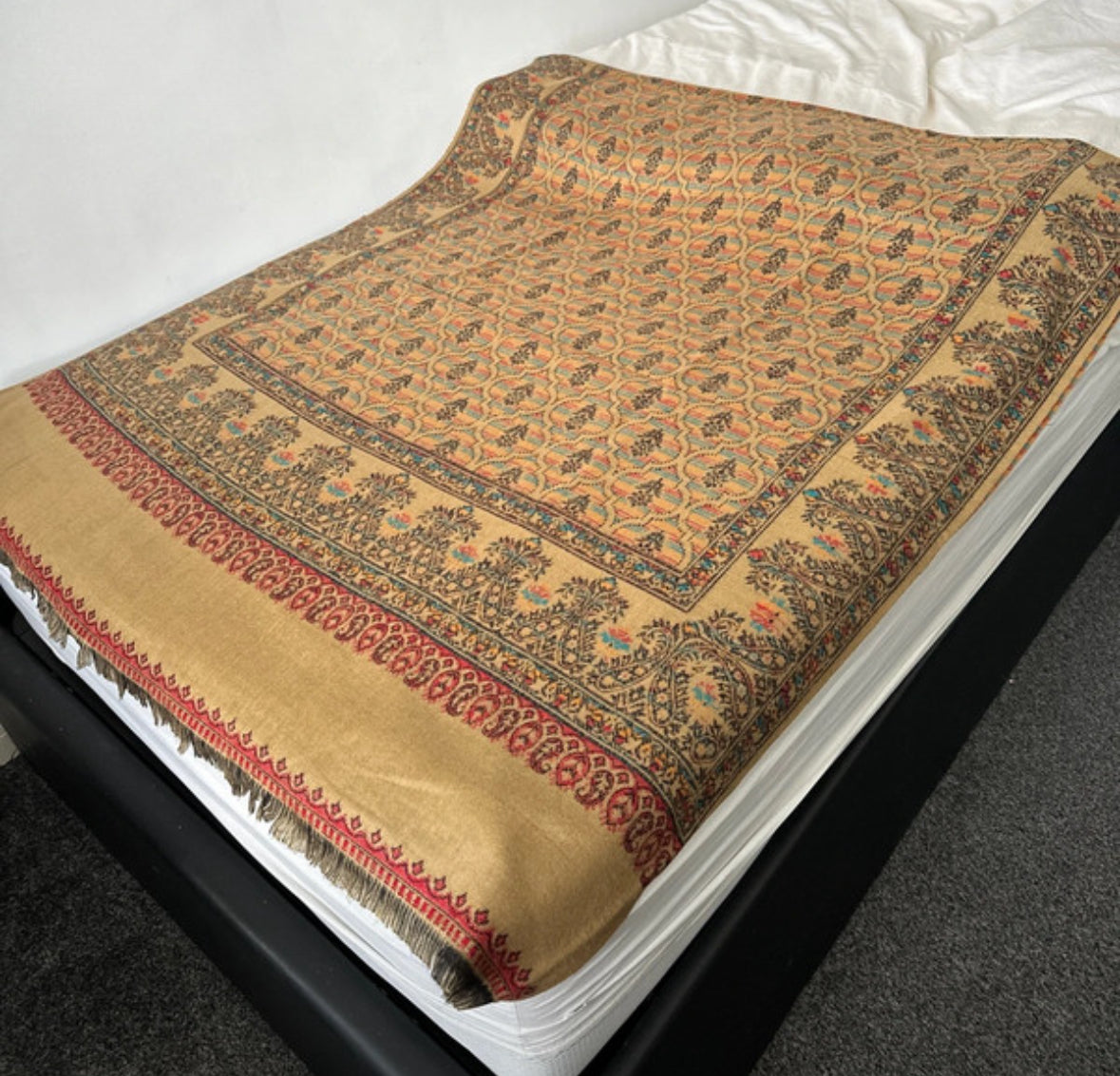 Reversible Wool Blend Shawl - Beige with Red Pattern