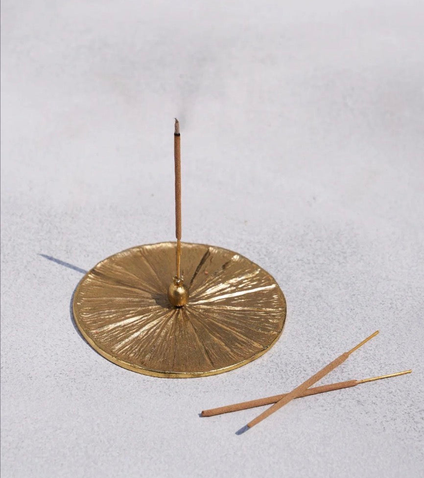 Gold Sunburst Incense Holder Set | Brass Plated Aluminium Burner, Meditation Decor