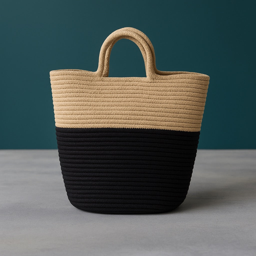 Woven Jute Tote Bag: Black and Beige Boho hand Bag