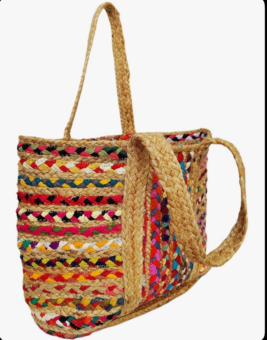 Handmade Colorful Jute Tote Bag – Eco-Friendly Woven Shoulder Bag – Boho Beach Bag – Multicolor Handcrafted Purse – Sustainable Gift