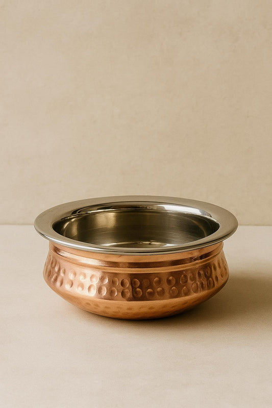Copper Bottom Stainless Steel Handi – Traditional Indian Serving Pot – Hammered Finish Cookware – Elegant Desi Kitchen Utensil kitchenware