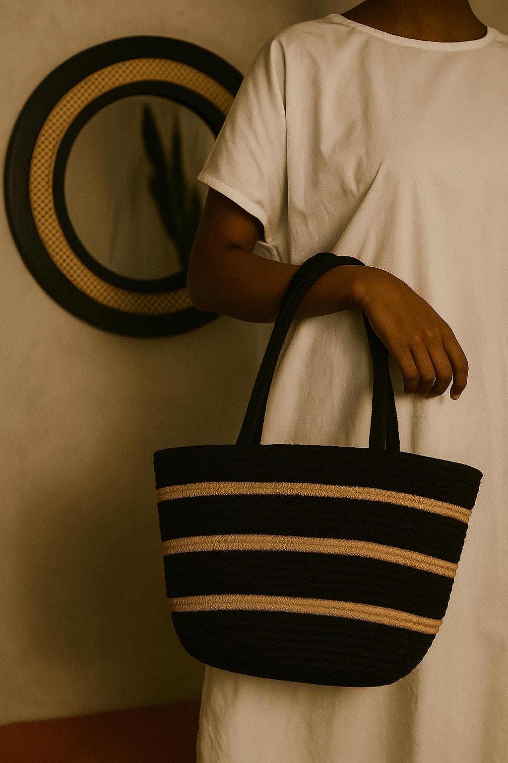 Black & Beige Woven Tote jute Bag – Natural material handcrafted Shoulder Bag – Eco-Friendly Beach Tote – Handmade Look – Boho Summer Bag