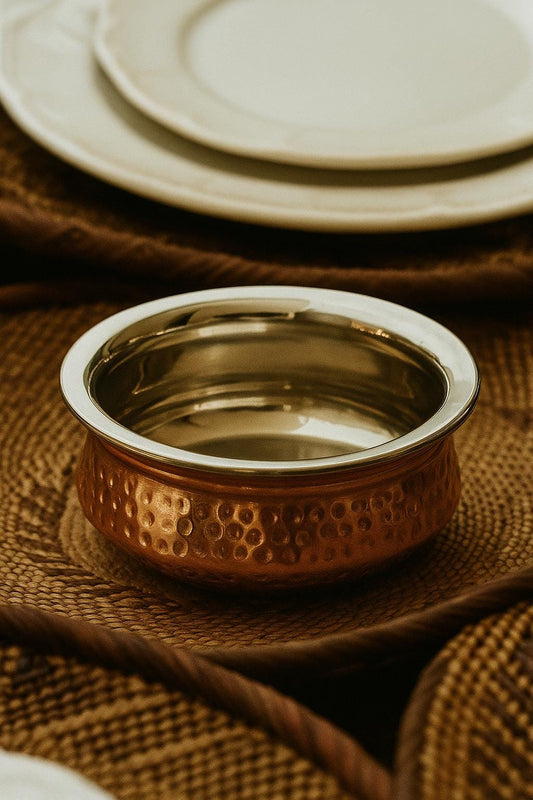 Copper Bottom Stainless Steel Handi – Traditional Indian Serving Pot – Hammered Finish Cookware – Elegant Desi Kitchen Utensil kitchenware
