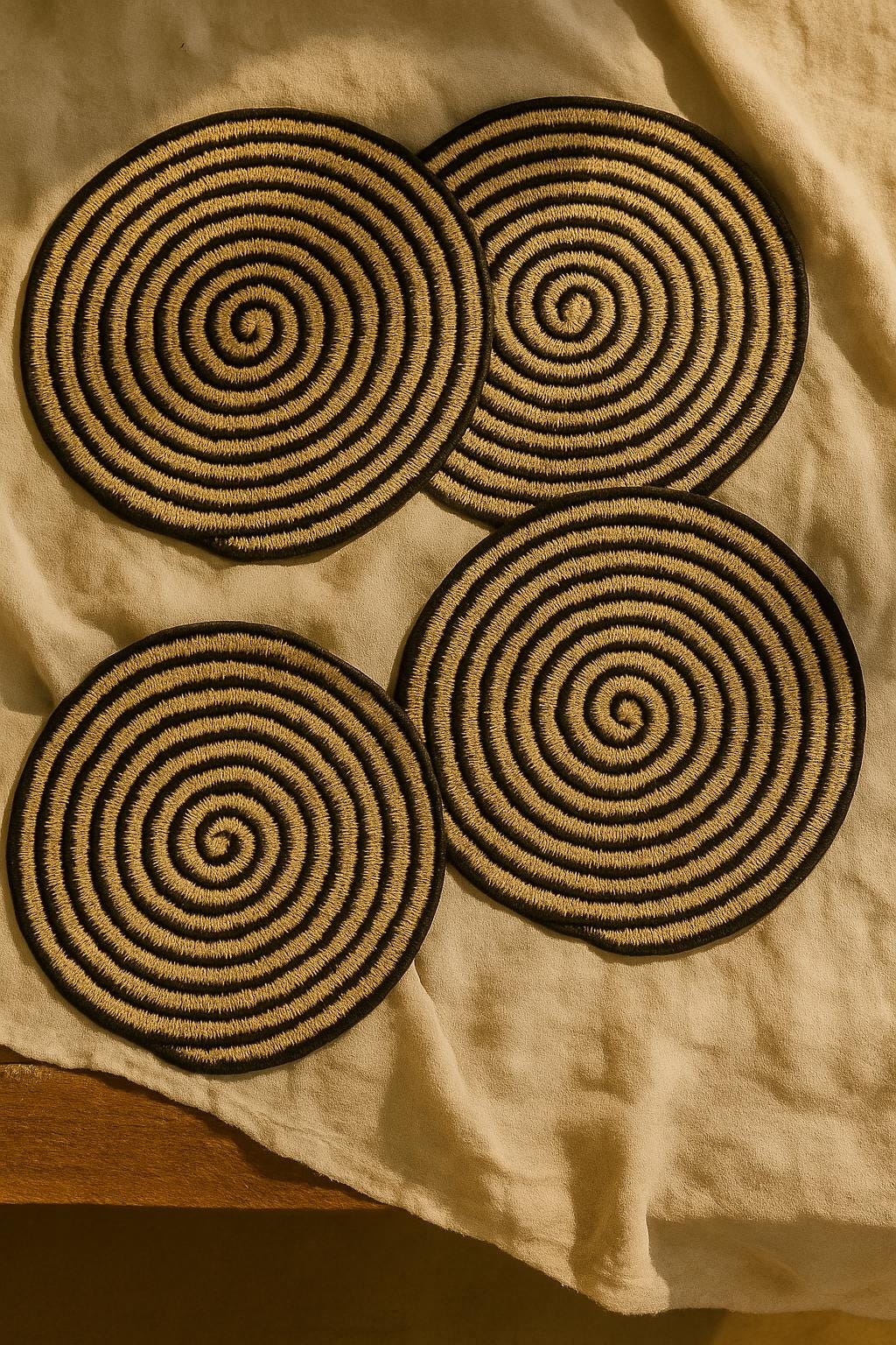 Handmade Black and Beige Spiral Placemats – Set of 6, Natural Jute Round Table Mats, Boho Home Decor, Rustic Farmhouse Dining, Eco-Friendly