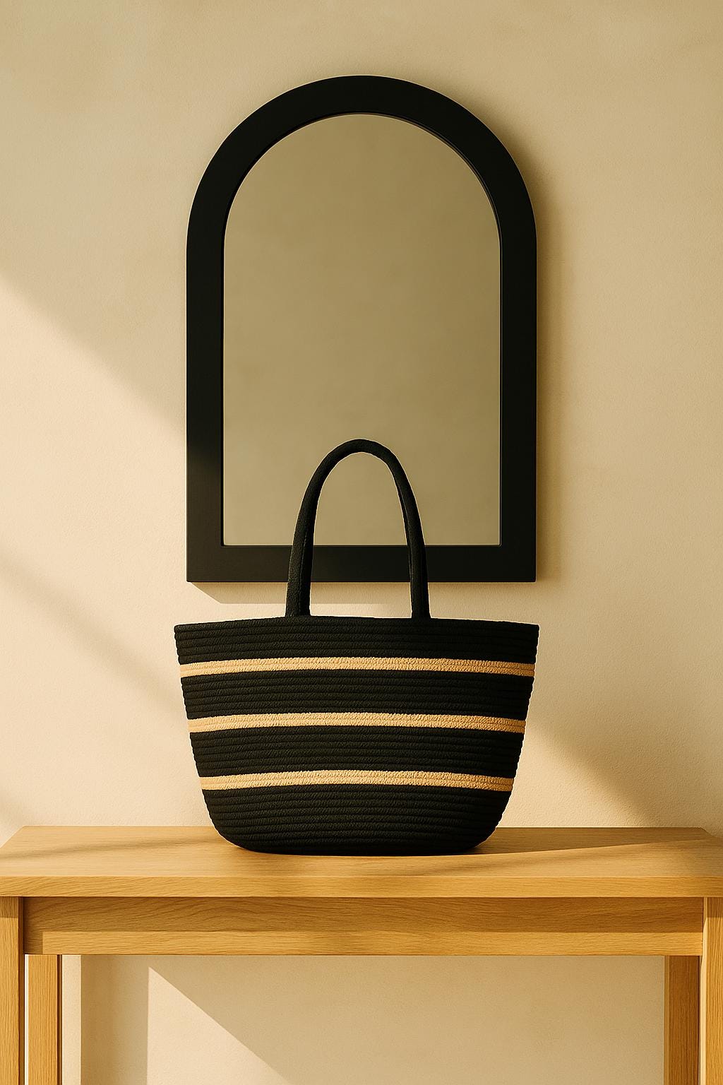 Black & Beige Woven Tote jute Bag – Natural material handcrafted Shoulder Bag – Eco-Friendly Beach Tote – Handmade Look – Boho Summer Bag