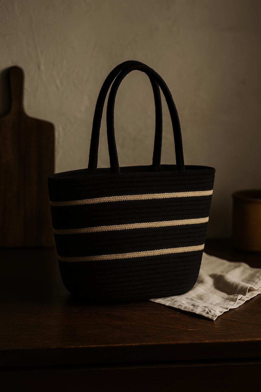 Black & Beige Woven Tote jute Bag – Natural material handcrafted Shoulder Bag – Eco-Friendly Beach Tote – Handmade Look – Boho Summer Bag