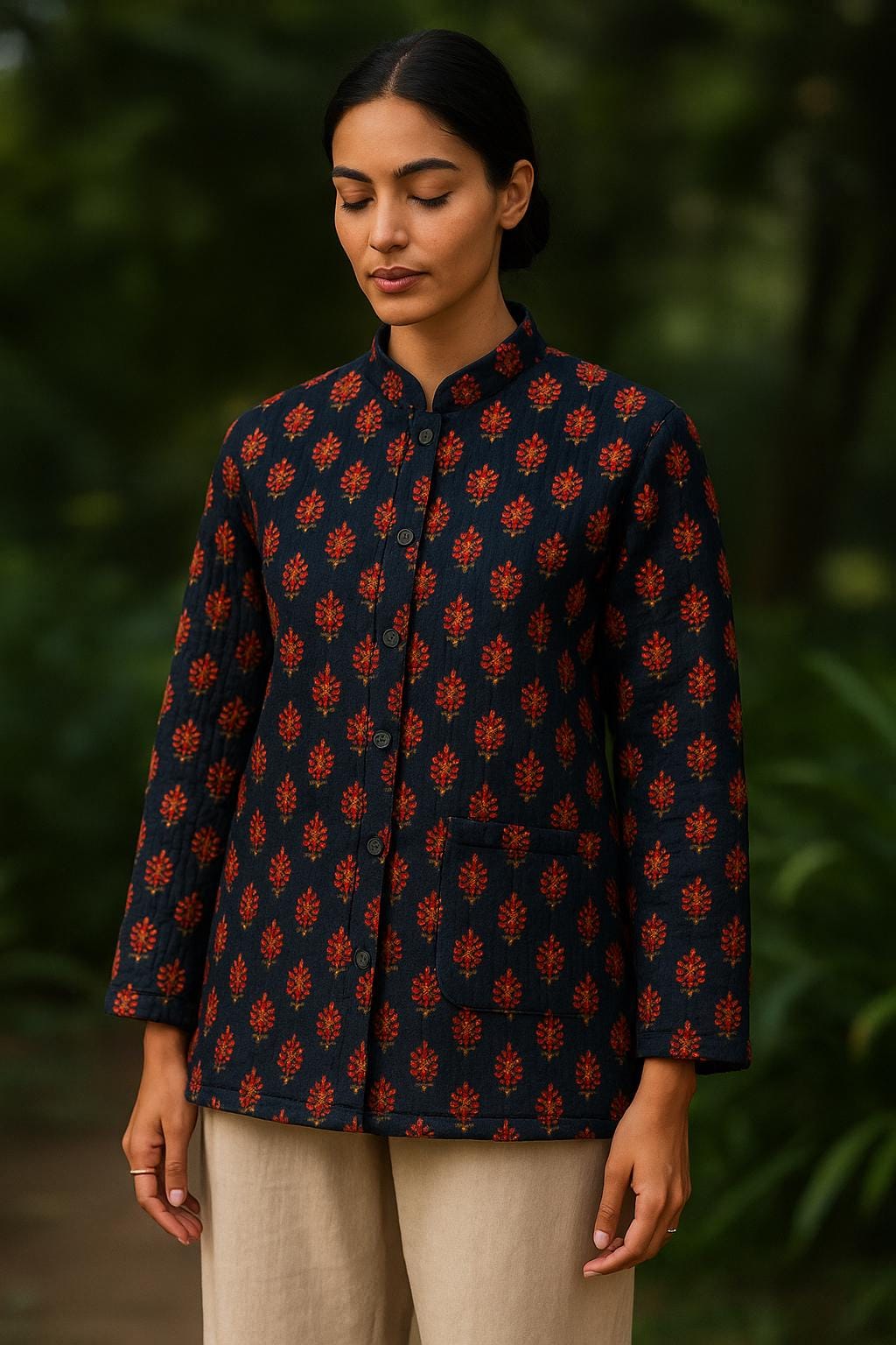 Handmade Quilted Jacket - Red & Orange Block Print Reversible Cotton Coat