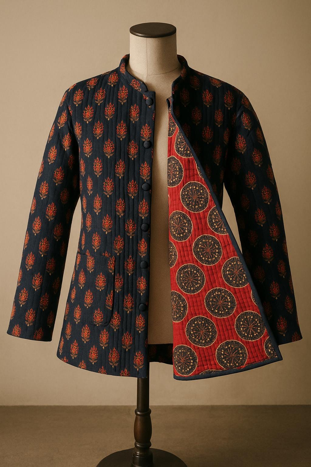 Handmade Quilted Jacket - Red & Orange Block Print Reversible Cotton Coat