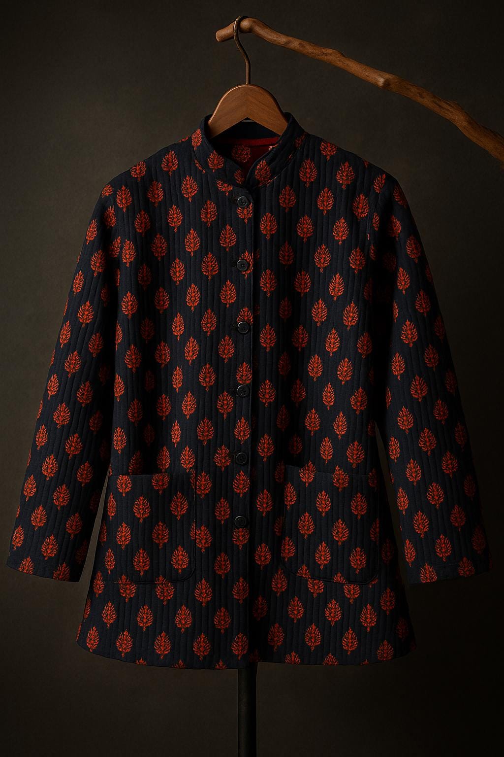 Handmade Quilted Jacket - Red & Orange Block Print Reversible Cotton Coat