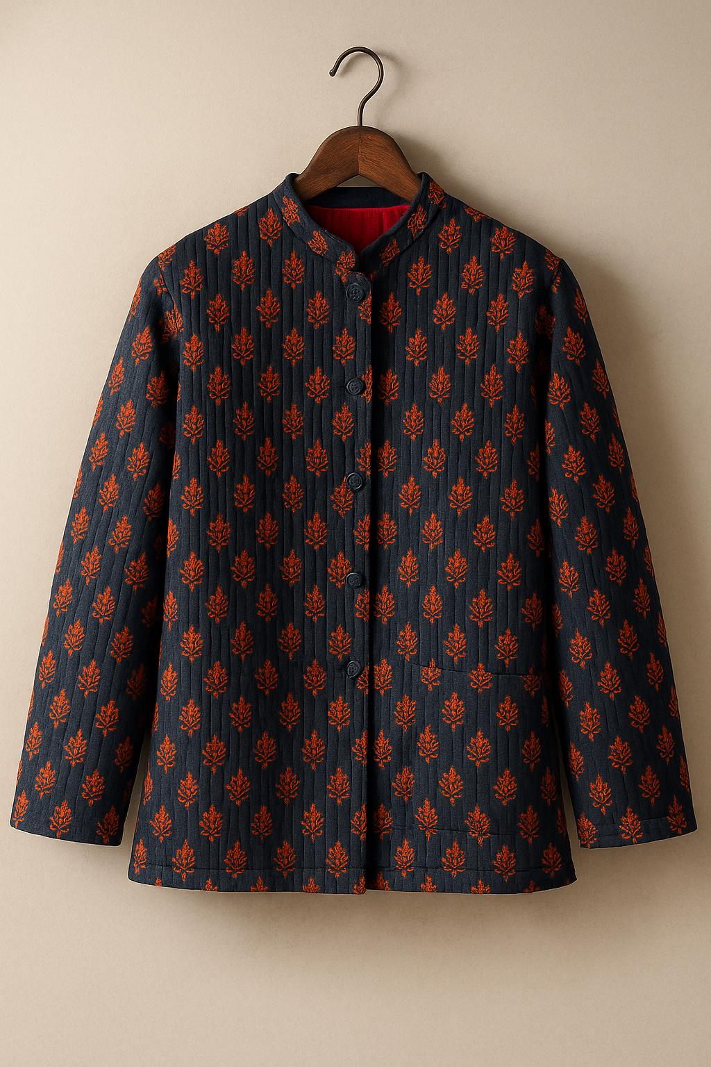 Handmade Quilted Jacket - Red & Orange Block Print Reversible Cotton Coat