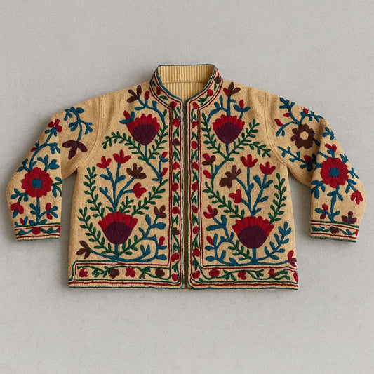 Handmade Suzani Embroidered Jacket | Boho Vintage Ethnic Coat | Floral Folk Festival Jacket | One of a Kind Kantha Style Outerwear