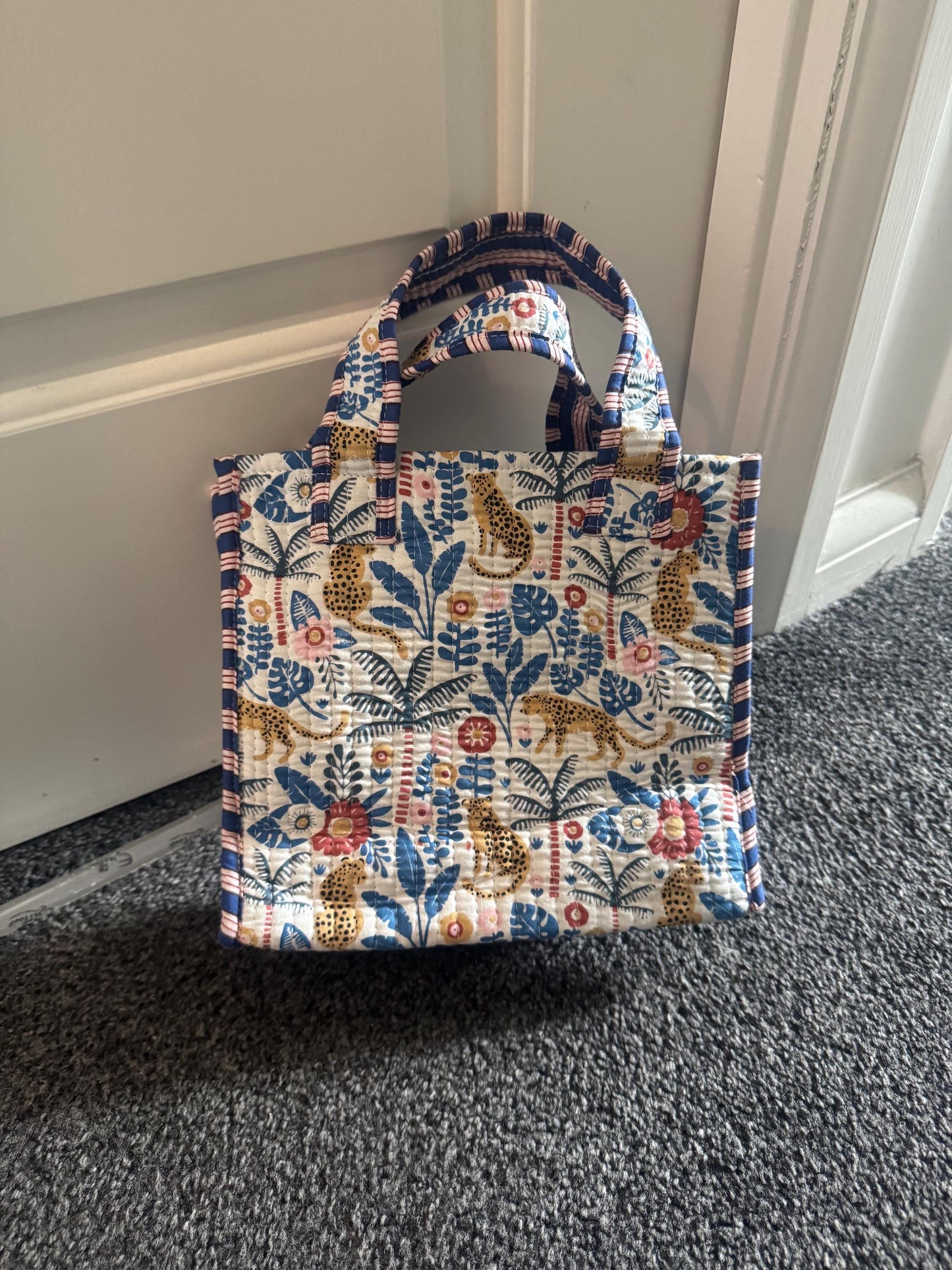 Handmade Quilted Tote Bag | Block Print Jungle Cheetah Tote | Reusable Fabric Bag | Colourful Boho Cotton Bag | Eco-Friendly Shopper