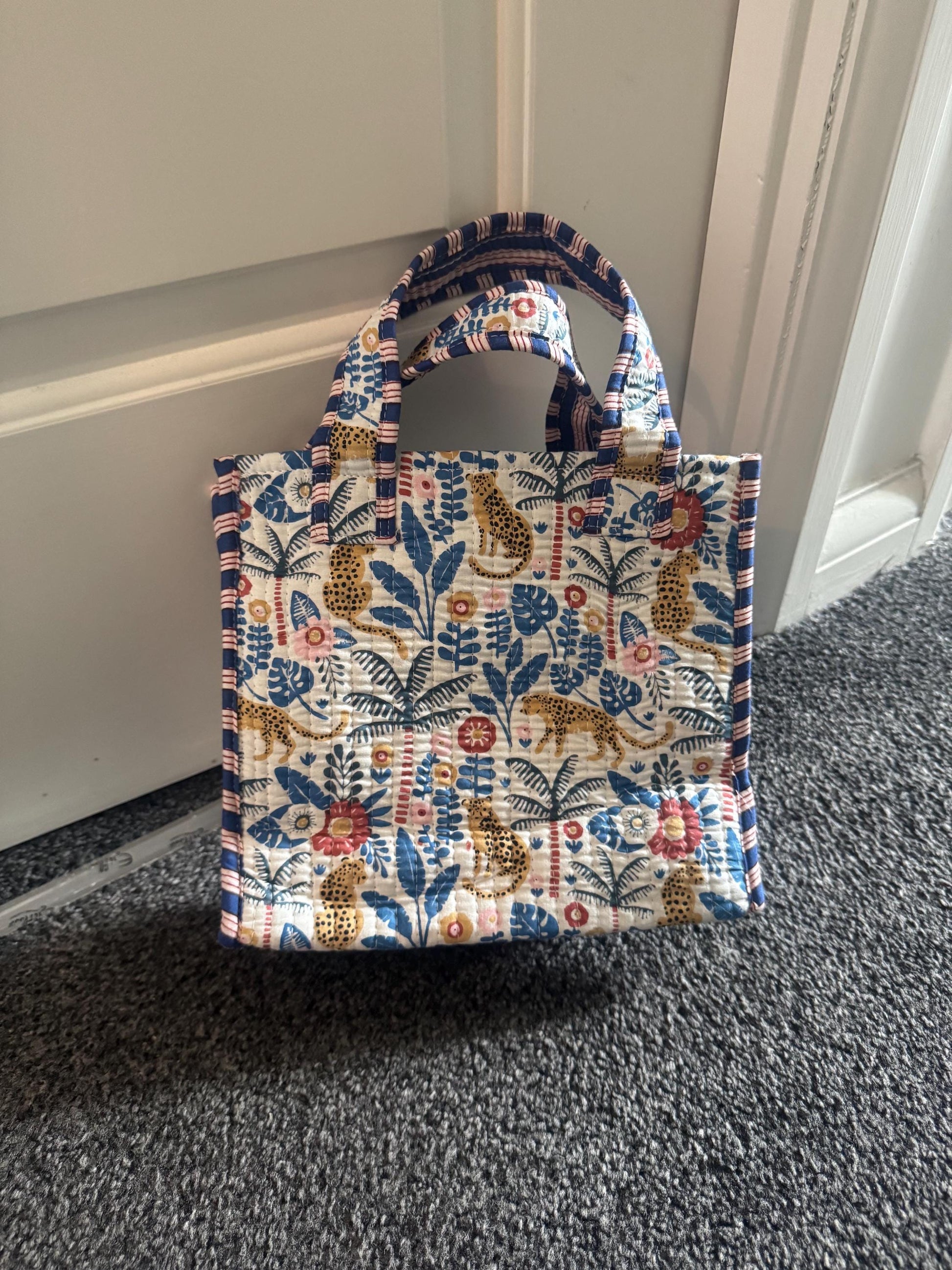 Handmade Quilted Tote Bag | Block Print Jungle Cheetah Tote | Reusable Fabric Bag | Colourful Boho Cotton Bag | Eco-Friendly Shopper