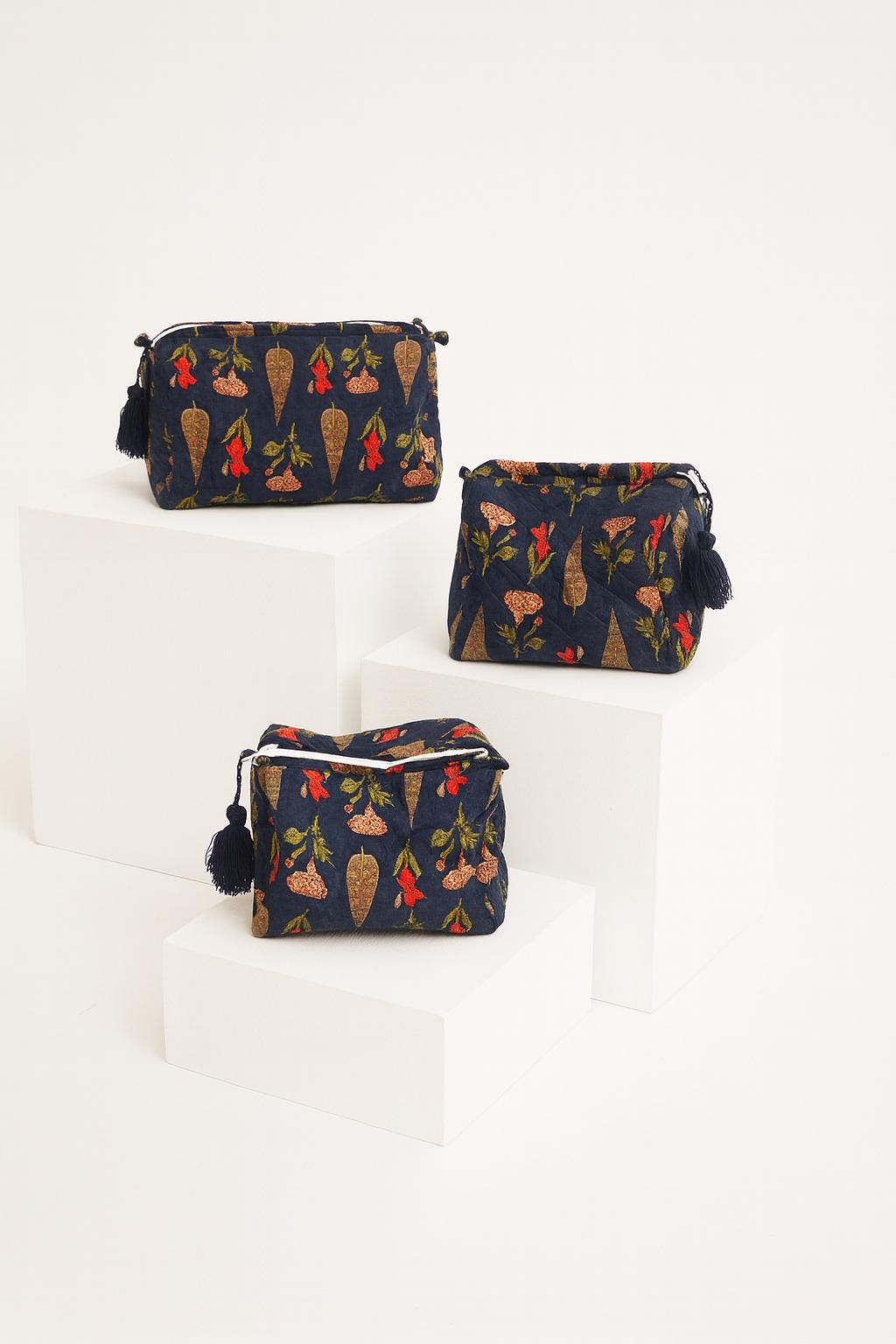 Quilted Cotton Toiletry Pouch Set: Botanical Print Travel Makeup Bags