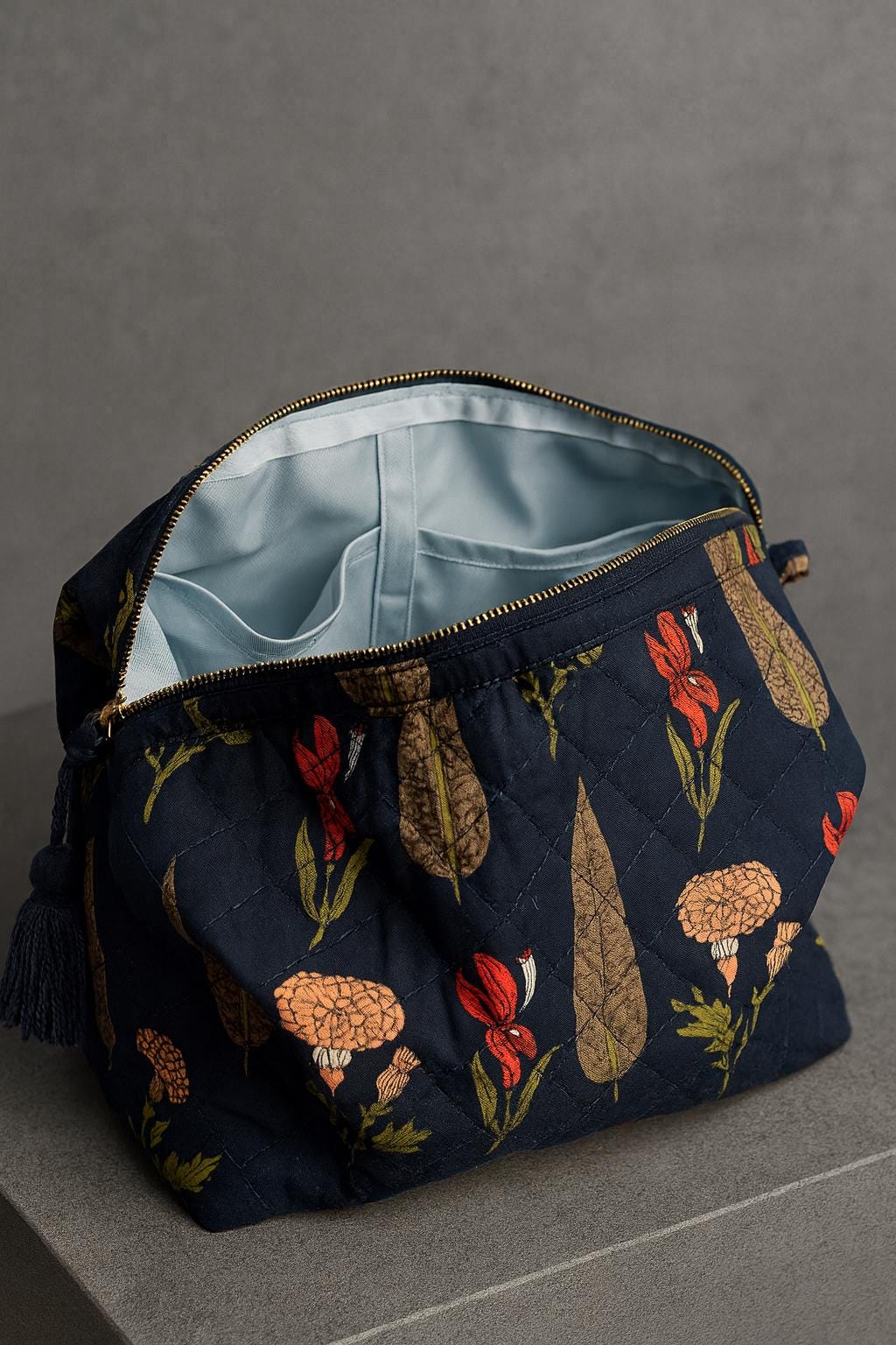 Quilted Cotton Toiletry Pouch Set: Botanical Print Travel Makeup Bags
