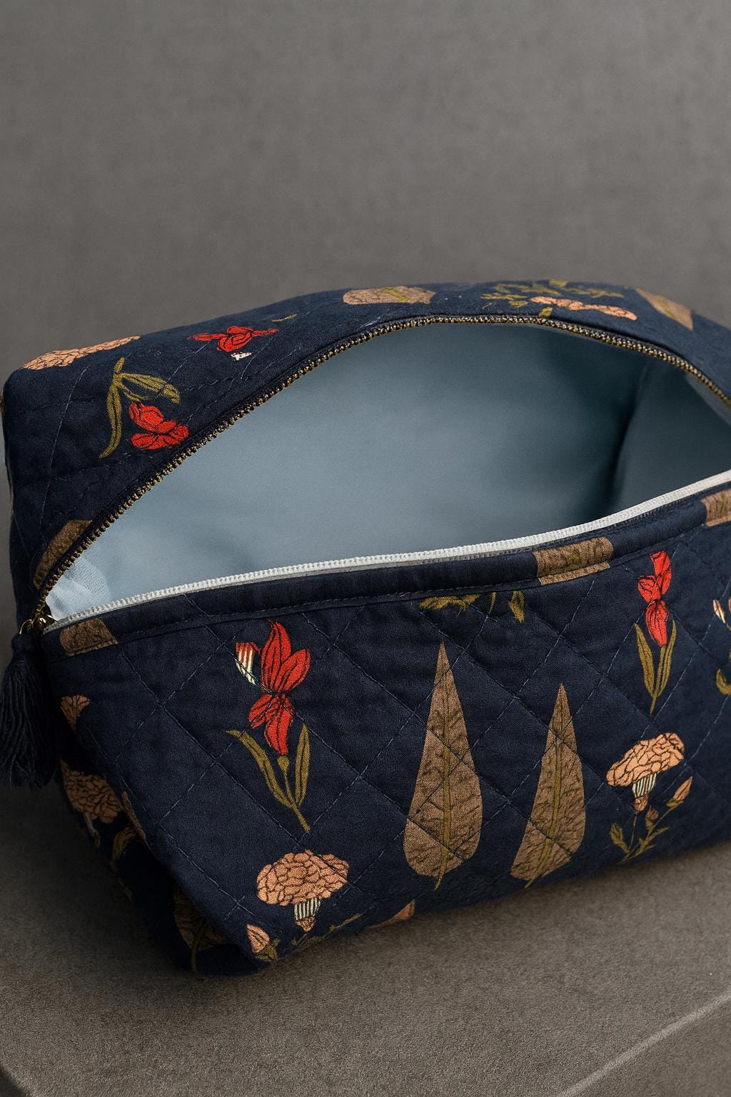 Quilted Cotton Toiletry Pouch Set: Botanical Print Travel Makeup Bags
