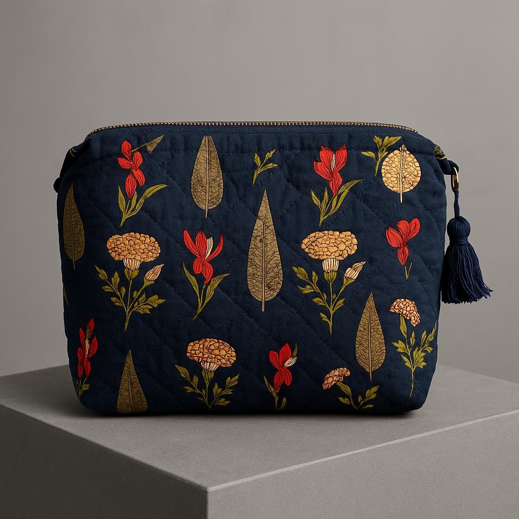 Quilted Cotton Toiletry Pouch Set: Botanical Print Travel Makeup Bags