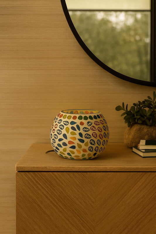 Handcrafted Mosaic Glass Lamp: Colorful Leaf Design, Boho Table Light