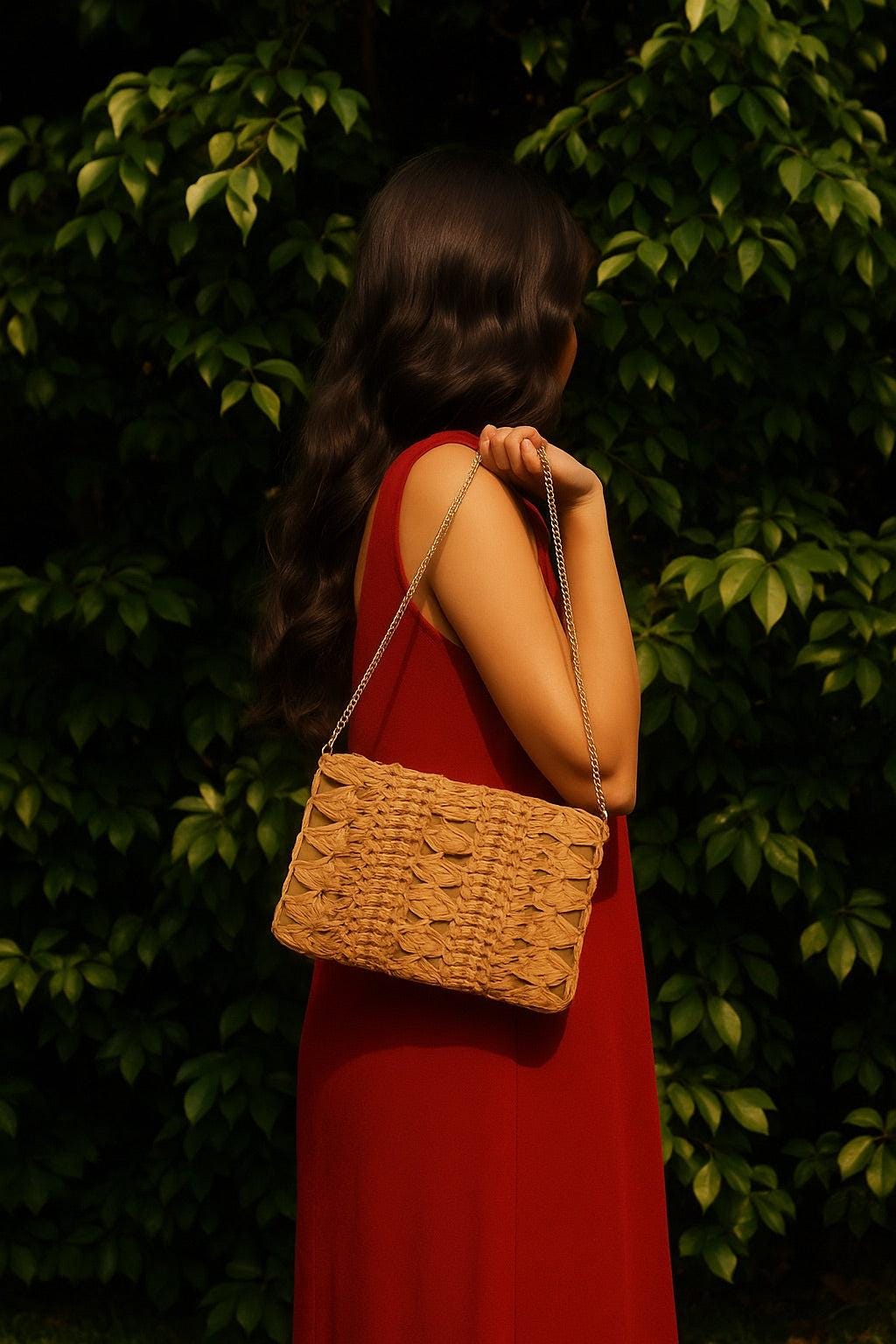 Handwoven Straw & Rice Fiber Bag – Sustainable Boho Clutch with Chain Strap