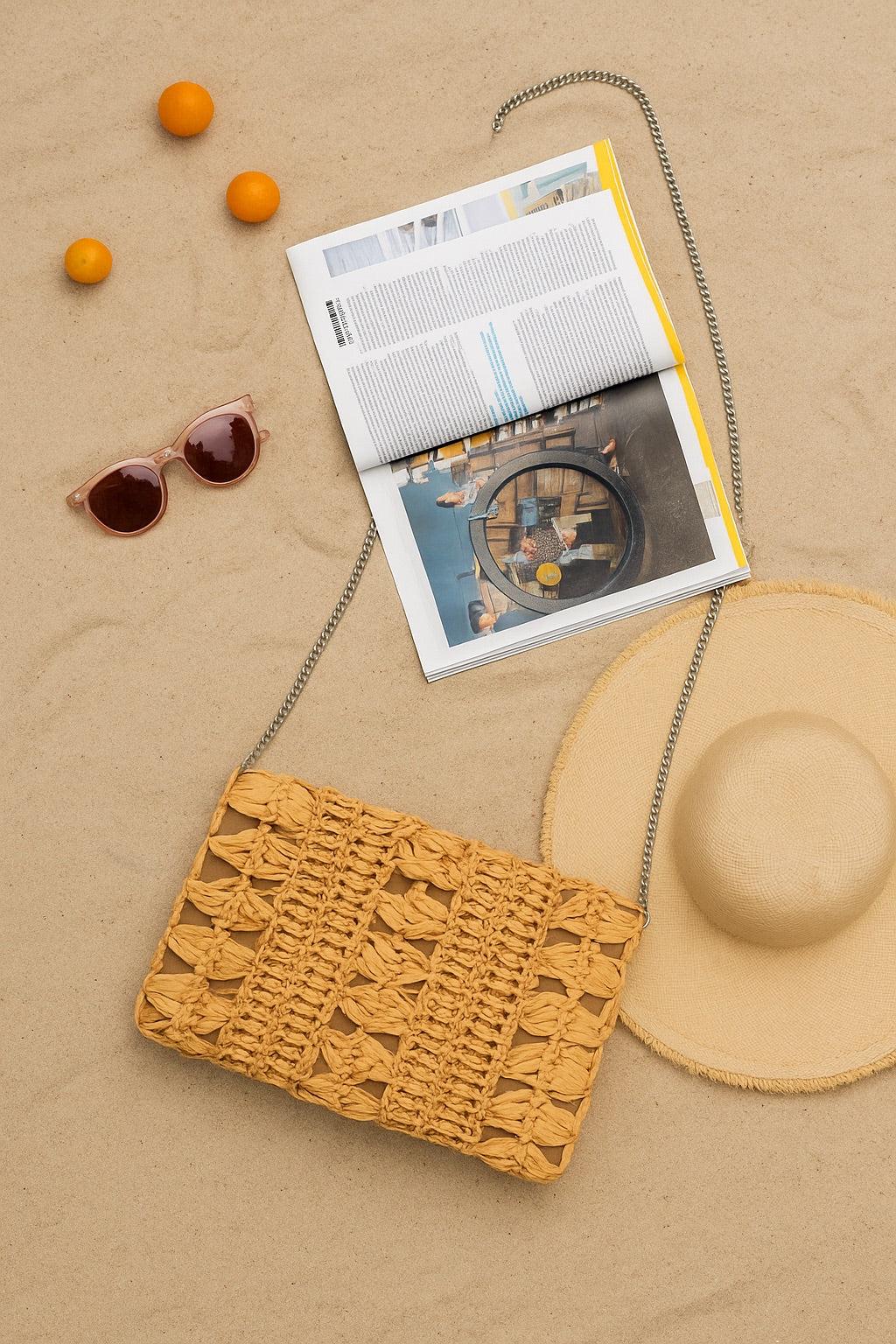 Handwoven Straw & Rice Fiber Bag – Sustainable Boho Clutch with Chain Strap