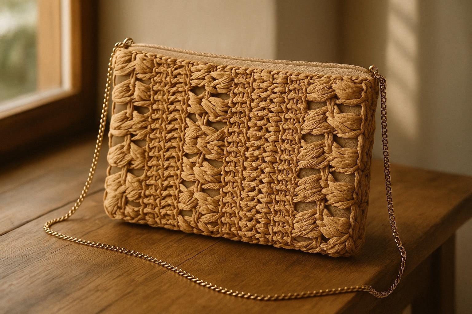 Handwoven Straw & Rice Fiber Bag – Sustainable Boho Clutch with Chain Strap