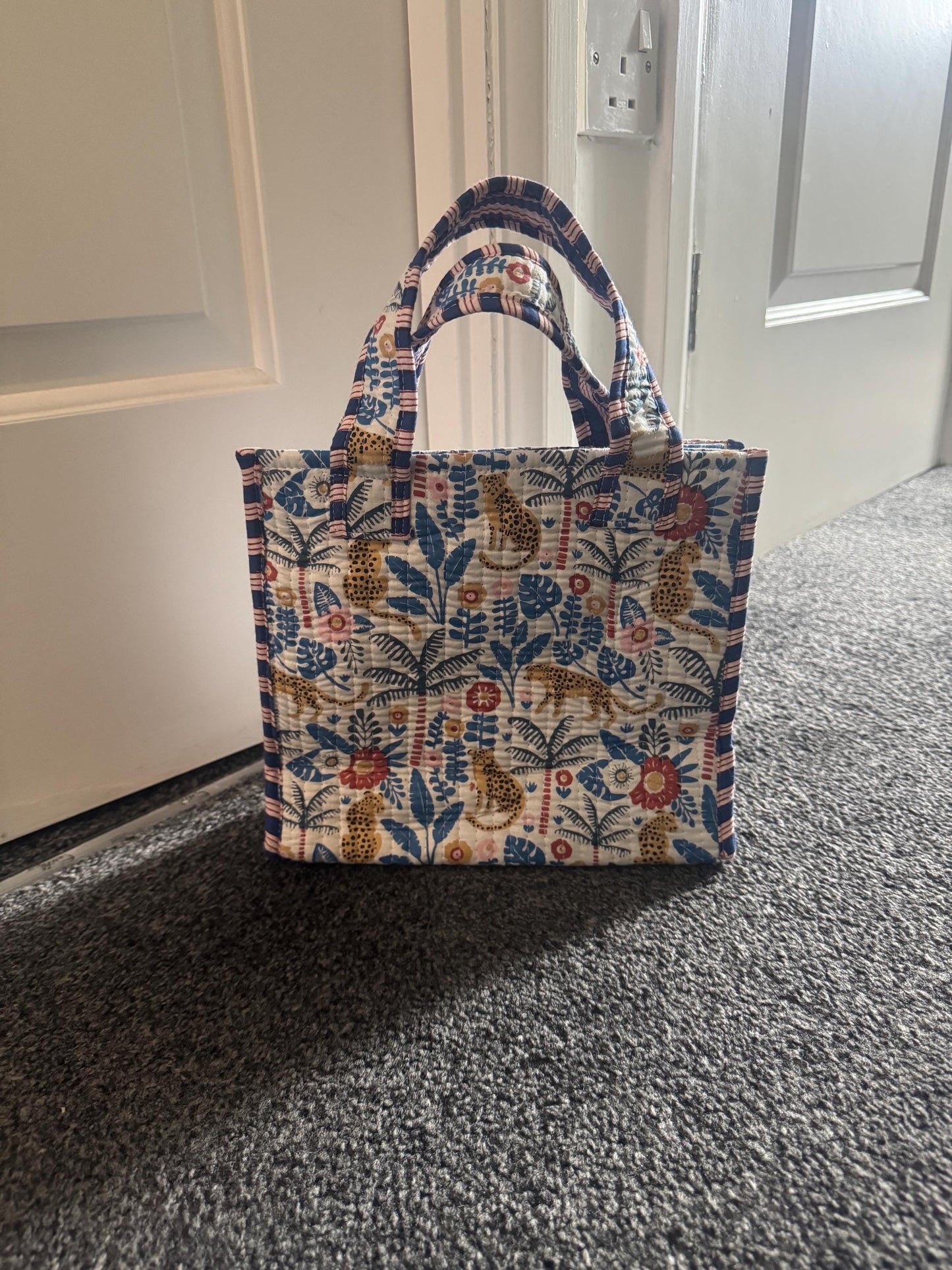 Handmade Quilted Tote Bag | Block Print Jungle Cheetah Tote | Reusable Fabric Bag | Colourful Boho Cotton Bag | Eco-Friendly Shopper