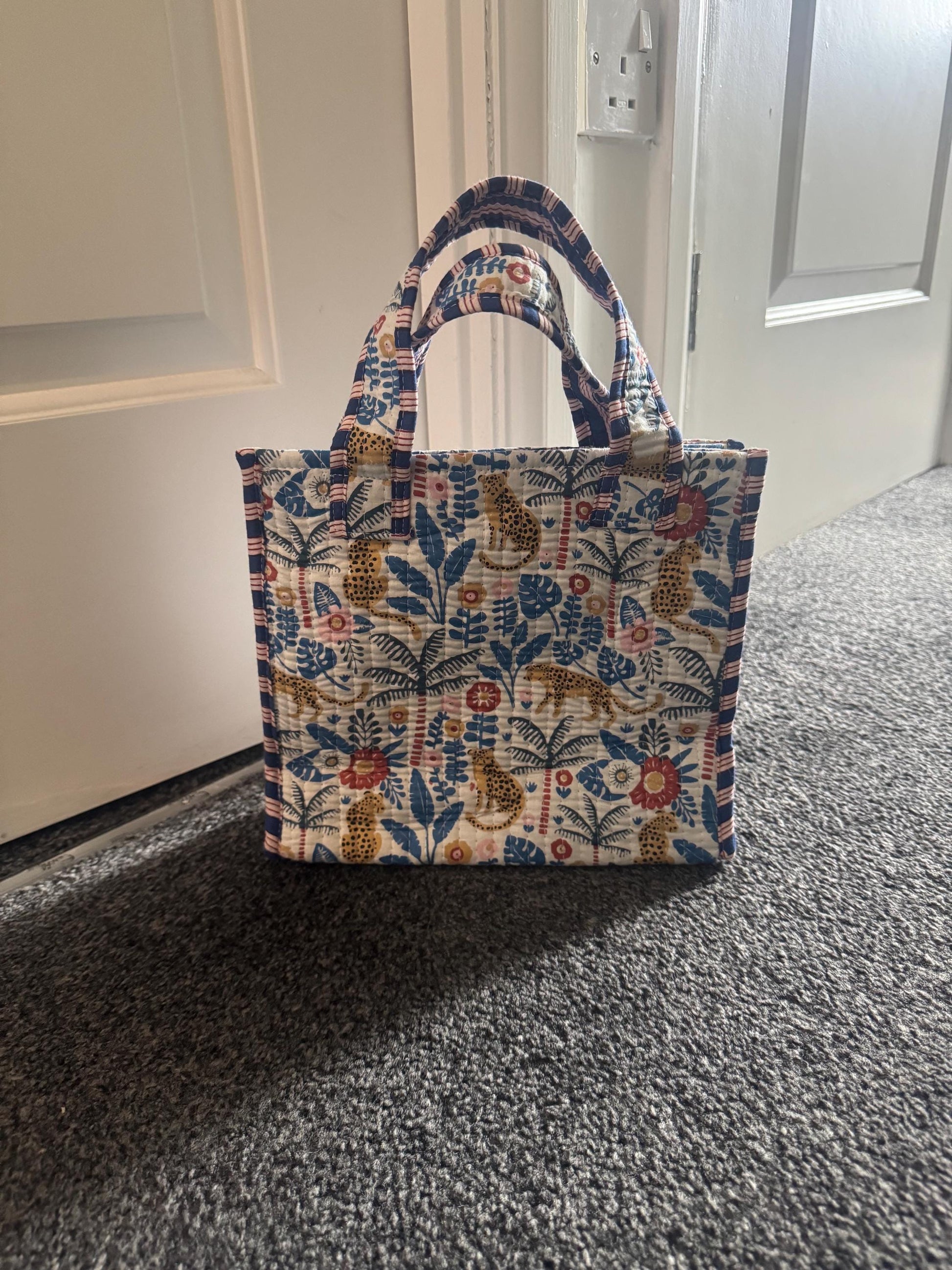 Handmade Quilted Tote Bag | Block Print Jungle Cheetah Tote | Reusable Fabric Bag | Colourful Boho Cotton Bag | Eco-Friendly Shopper