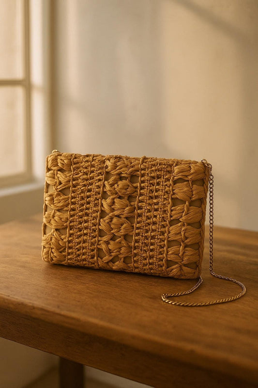 Handwoven Straw & Rice Fiber Bag – Sustainable Boho Clutch with Chain Strap