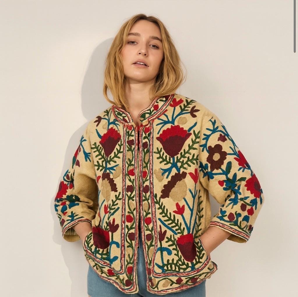 Handmade Suzani Embroidered Jacket | Boho Vintage Ethnic Coat | Floral Folk Festival Jacket | One of a Kind Kantha Style Outerwear
