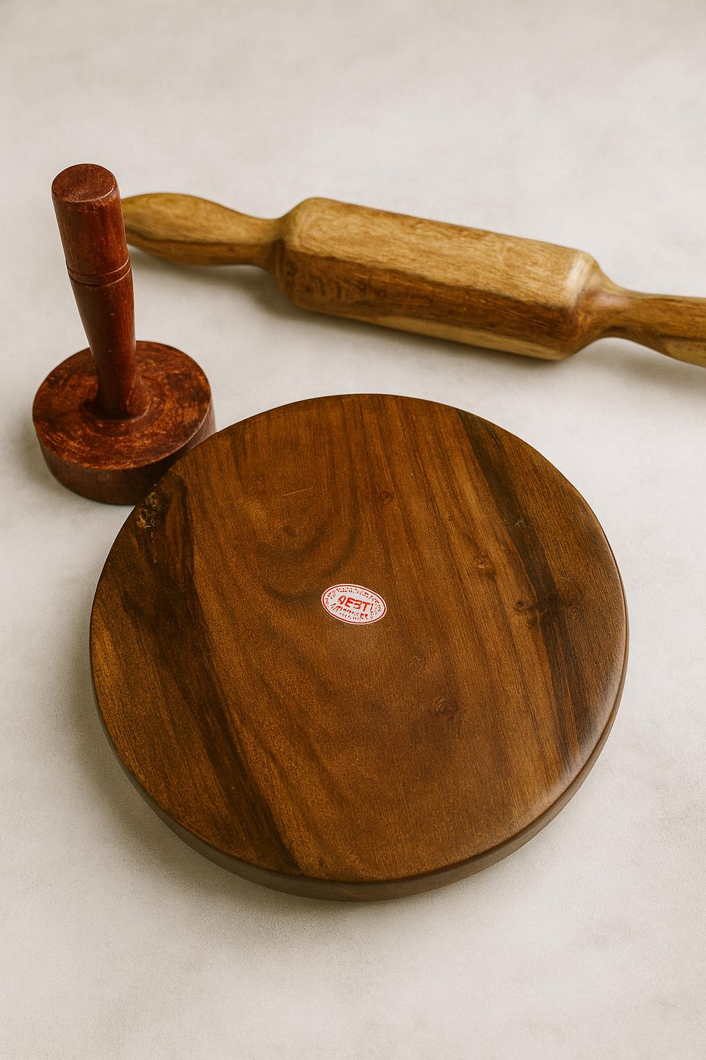 Handcrafted Wooden Chakla, Belna & Roti Riser Set Traditional Indian Roti Making Tools | Chapati Board, Rolling Pin and Press | Flatbread