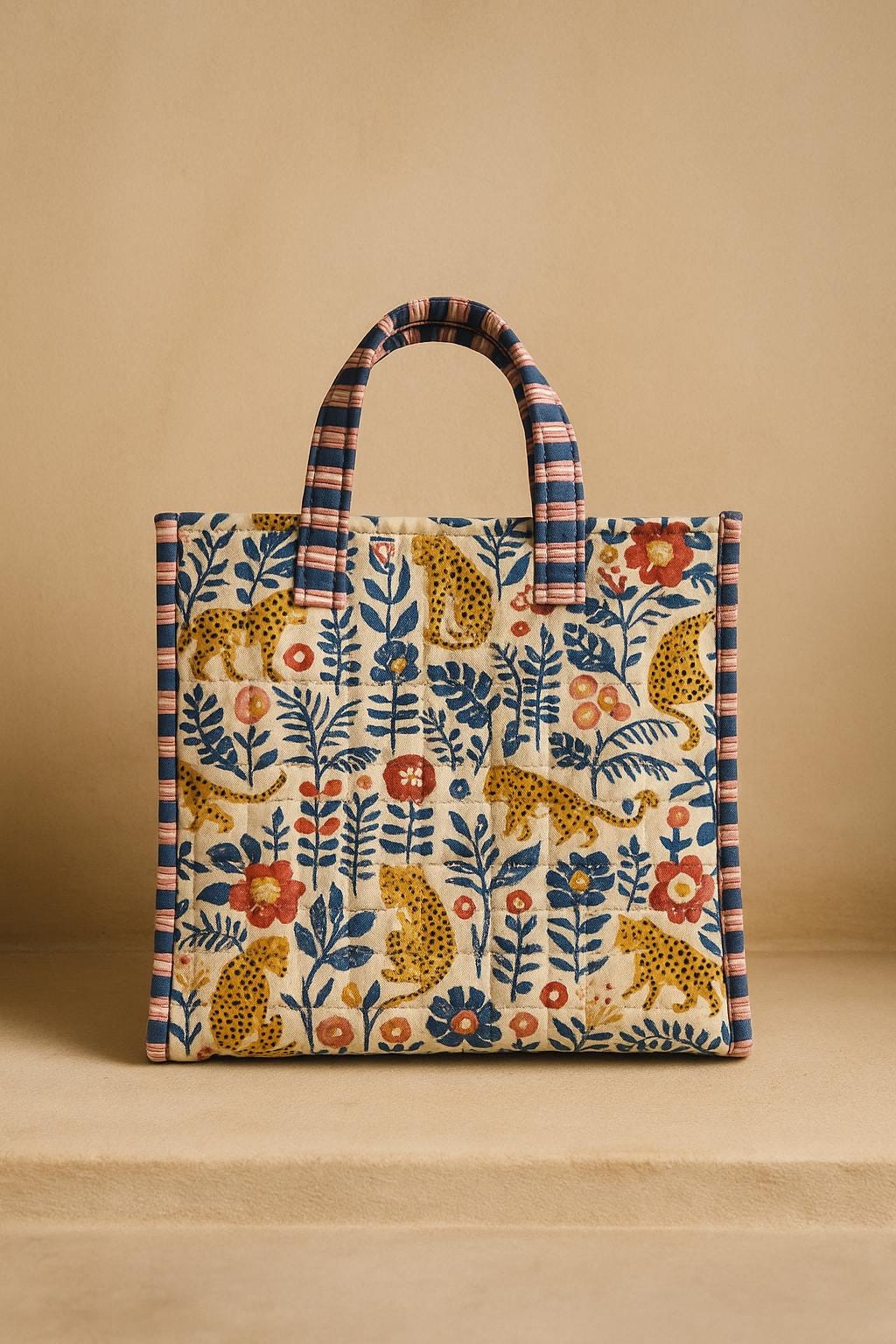 Handmade Quilted Tote Bag | Block Print Jungle Cheetah Tote | Reusable Fabric Bag | Colourful Boho Cotton Bag | Eco-Friendly Shopper