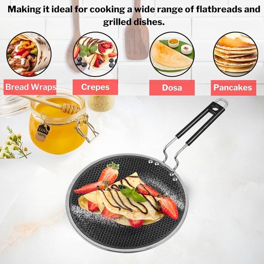 25cm diameter Honeycomb Stainless Steel Roti Tawa | Triply Flat Pan for Rotis, Parathas, Dosas | Non-Stick, Induction & Gas Stove Compatible