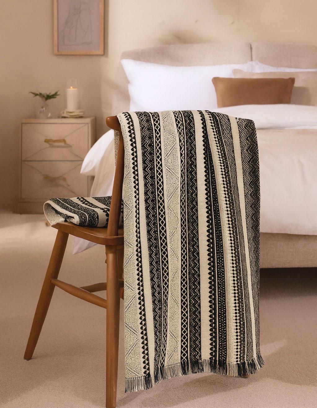 Boho Black & White Throw Blanket 6ft x 5ft • Large Woven Geometric Throw • Minimalist Scandi Decor • Neutral Sofa Bed Blanket • Boho Home