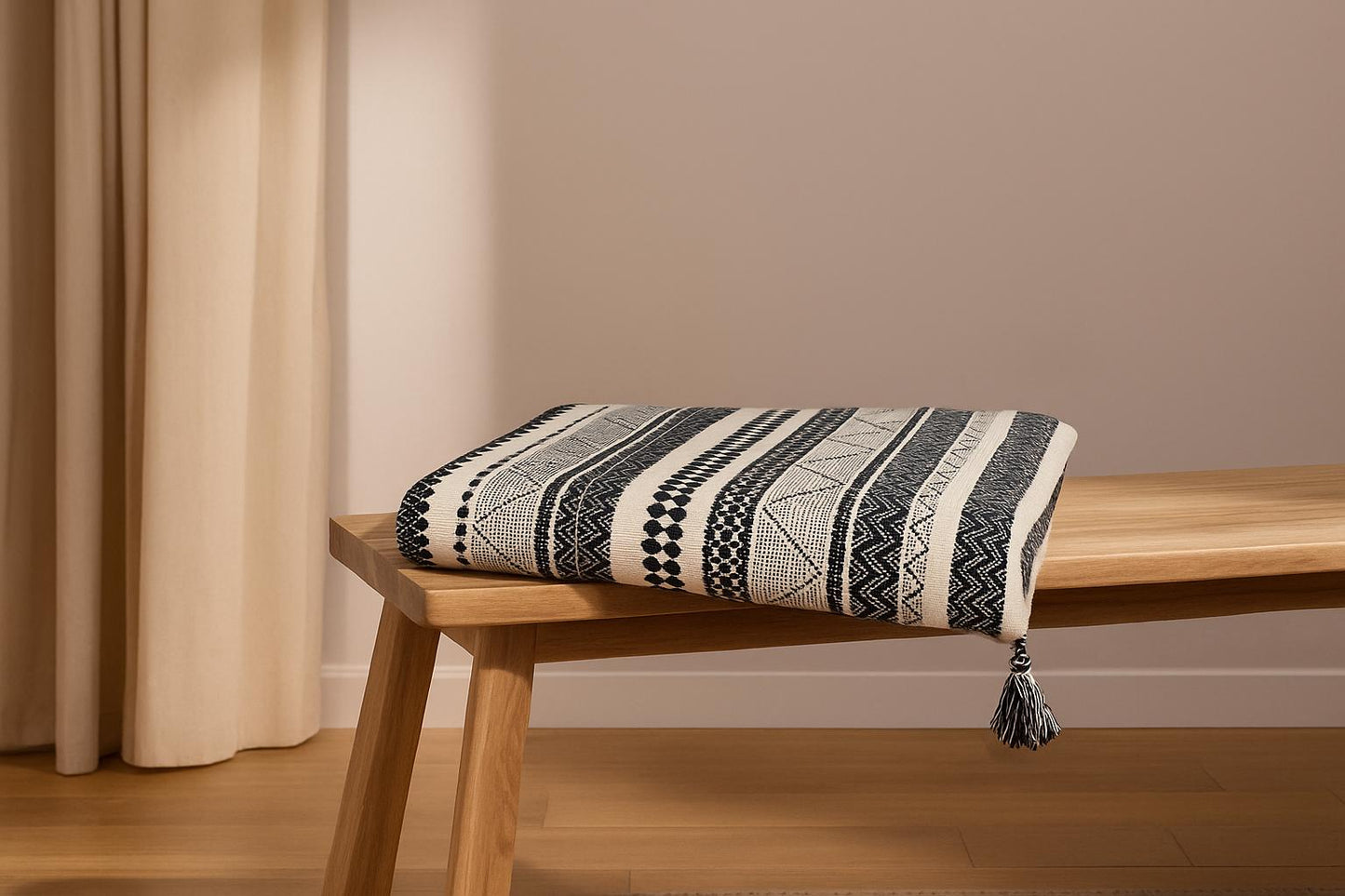 Boho Black & White Throw Blanket 6ft x 5ft • Large Woven Geometric Throw • Minimalist Scandi Decor • Neutral Sofa Bed Blanket • Boho Home