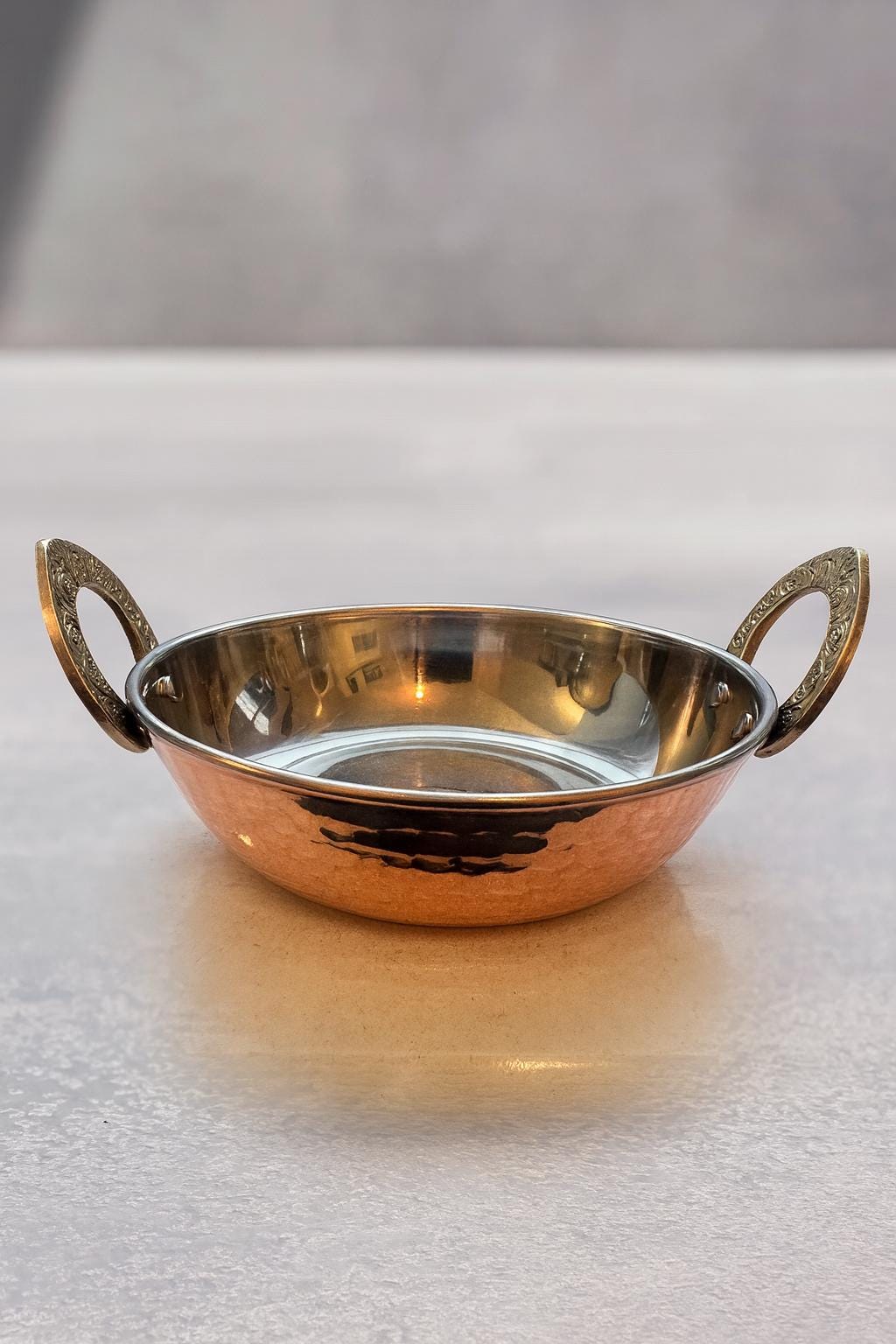 Handcrafted Copper & Stainless Steel Serving Bowl — 5 Inch | Traditional Indian Kadhai | Hammered Copper Balti Dish