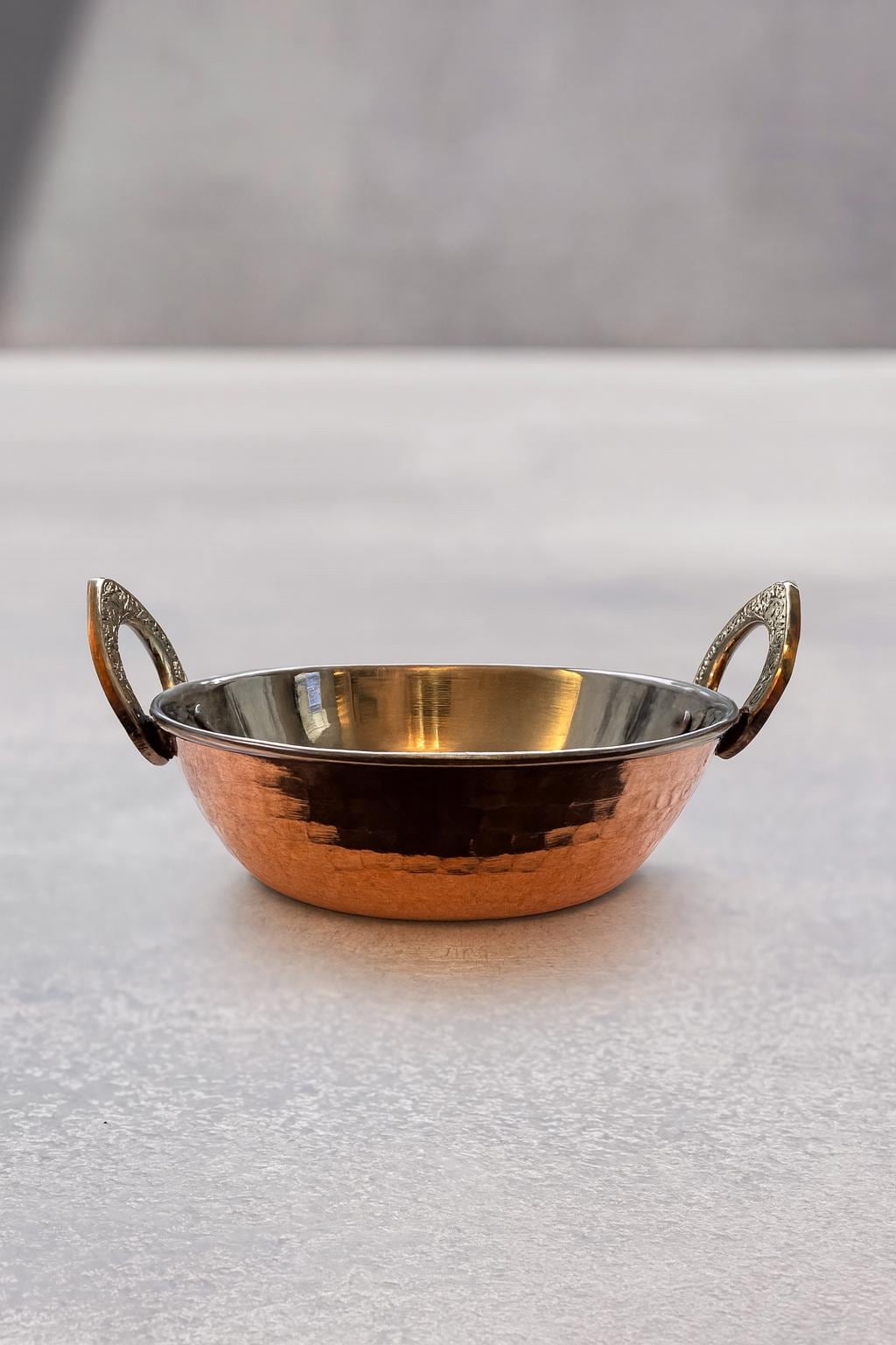 Handcrafted Copper & Stainless Steel Serving Bowl — 5 Inch | Traditional Indian Kadhai | Hammered Copper Balti Dish