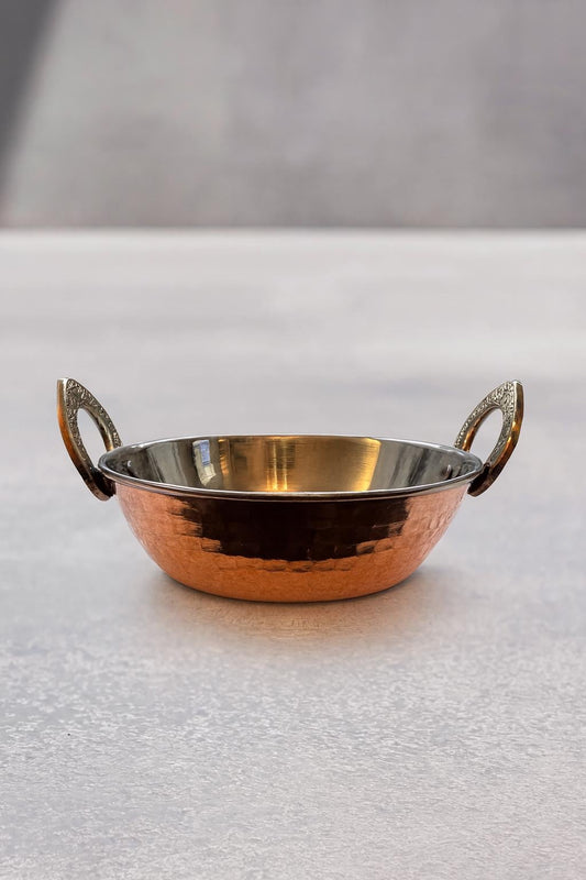 Handcrafted Copper & Stainless Steel Serving Bowl — 5 Inch | Traditional Indian Kadhai | Hammered Copper Balti Dish