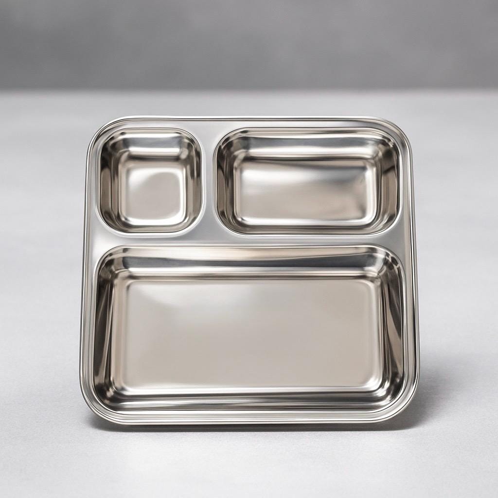 Stainless Steel Thali Plate with 3 Compartments – Premium Quality Indian Dinner Tray | Mess Tray | School Lunch Plate | Curry & Tiffin Plate